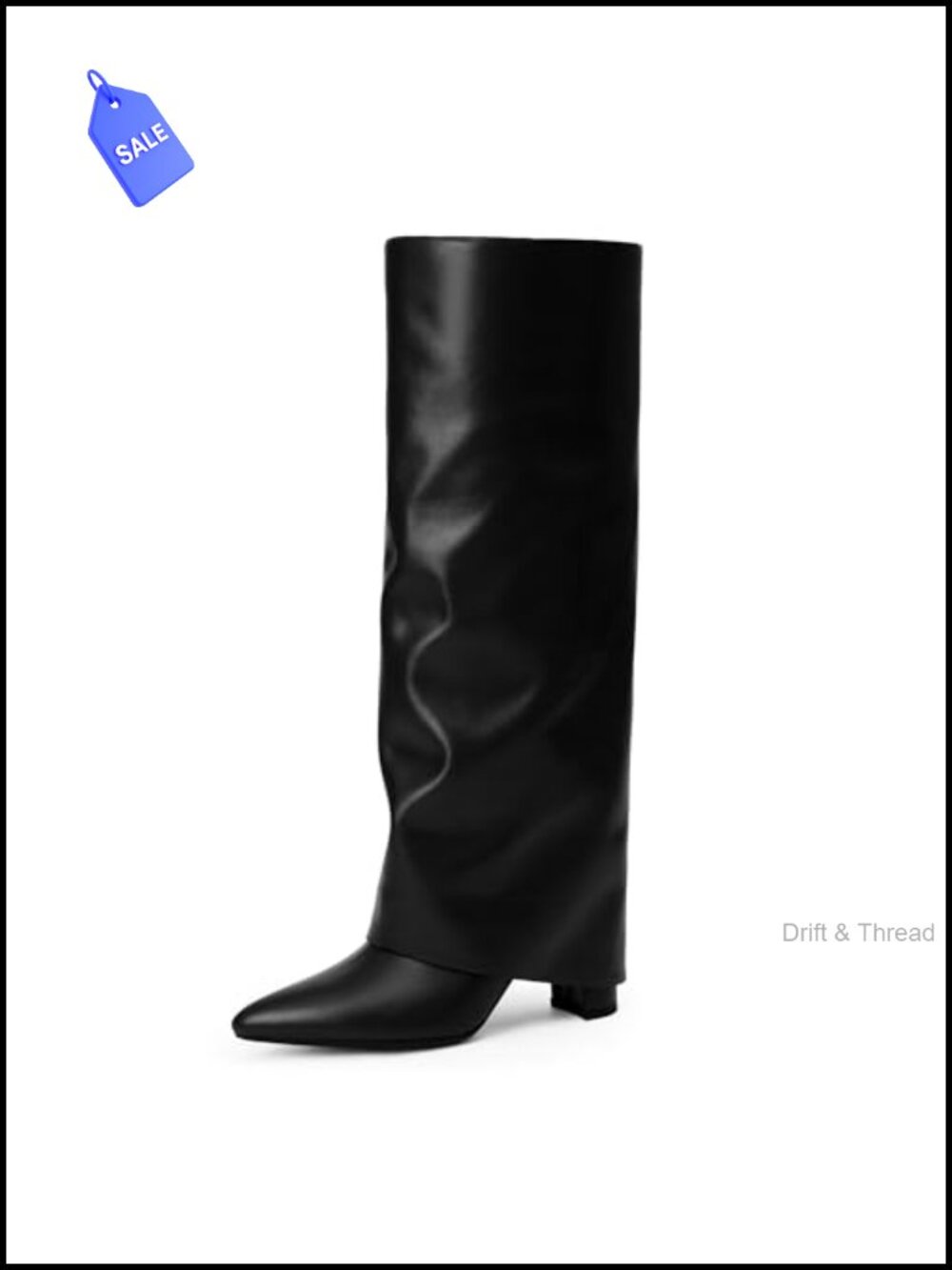 Knee High Fold Over Boots Chunky Heel Pointed Toe Faux Leather